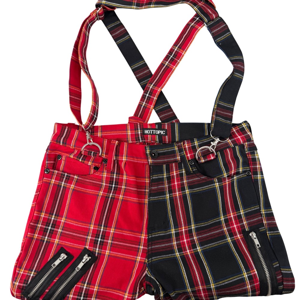 Hot Topic Red Black Split Plaid Suspender Punk Skinny Pants 30x32 17604580